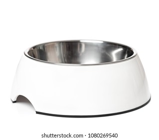 Empty Pets Bowl Isolated On White Background. Metal Cat Or Dog Bowl.