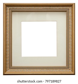 Empty Picture Frame Isolated On White, Square Format, In A Decorative Carved And Painted Finish With Matte