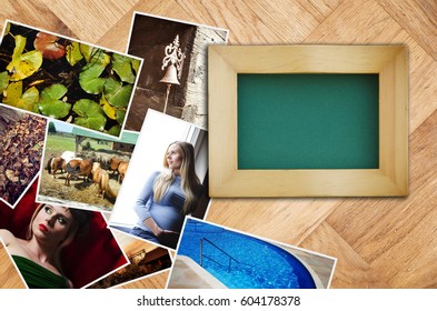 empty picture frame with a stack of different photographs that capture different subjects - Shutterstock ID 604178378