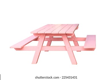 Empty Pink Picnic Standard Table With Benches On Either Side Of The Table Isolated On White Background. This Has Clipping Path.