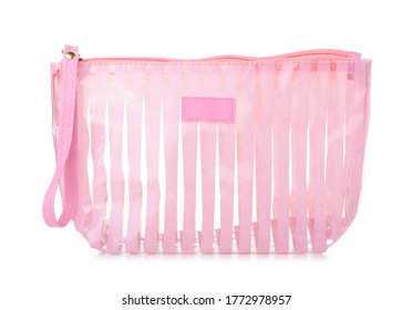 Empty Pink Silicone Cosmetic Bag On White Background Isolation