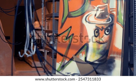 Empty pizza boxes in defective abandoned warehouse with graffiti drawings on walls, tilt up shot. Electric cables hanging in city suburbs ghetto place used as crime haven by delinquents