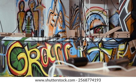 Empty pizza boxes and spray cans left over in dirty ghetto by urban explorers venturing into abandoned structures. Graffiti art and scattered debris done by guerilla artists in urbex location