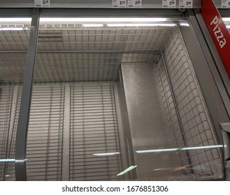 Empty Pizza Freezer Cabinets At Frozen Food Section In Supermarket After Panic Buying Due To Outbreaking Coronavirus