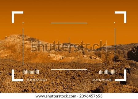 Empty planet landscape through viewfinder of Mars rover. Cosmic scene with desert, stone, sand and martian sky backgroun. Elements of this image furnished by NASA.