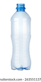 Empty plastic bottle isolated on a white background, representing concepts like recycling, plastic waste, and environmental issues