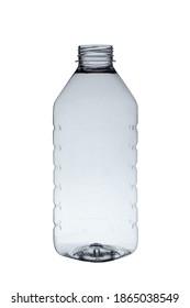 Empty plastic bottle without lid, open. Isolated on a white background