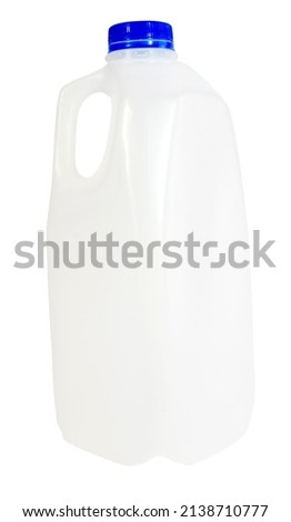 Empty plastic milk container with blue cap.
