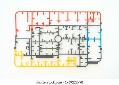 Empty Plastic Sprue Or Model Kit Assembly Toy Injection Molding Set After Cut Part On White Background