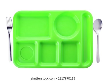 Empty Plastic Tray On White Background, Top View. School Lunch