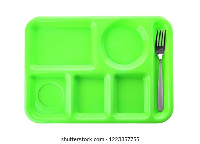 Empty Plastic Tray On White Background, Top View. School Lunch