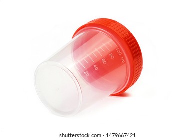 empty plastic urine jar isolated on red background. close up