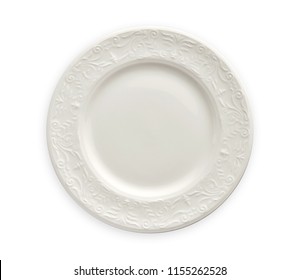 Empty plate with floral pattern edge, White round plate features a beautiful rim with floral pattern, View from above isolated on white background with clipping path                               - Powered by Shutterstock