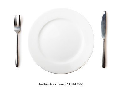 Empty Plate, Fork And Knife - Isolated Over White