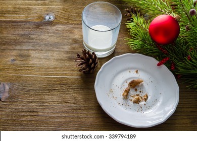 Empty Plate Glass From Cookies And Milk For Santa Clause, Copy Space