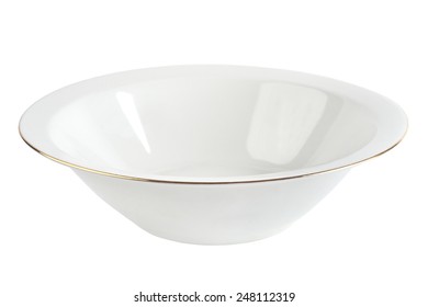 Empty Plate With Gold Rim Isolated. White Ceramic Bowl.