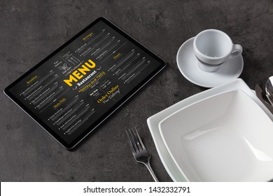 Empty plate and tableware with online order menu
