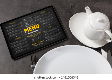 Empty plate and tableware with online order menu