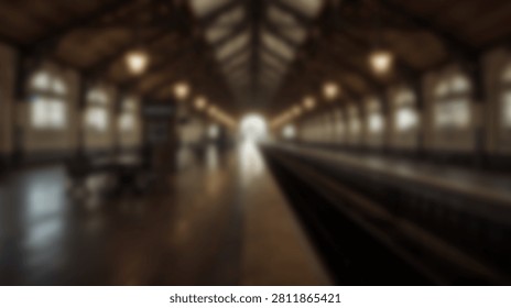 An empty platform inside a vintage train station, featuring an arched ceiling, large windows, and warm lighting.