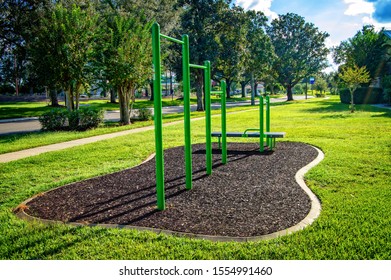 Empty Playground With Pull Up Bars On A Sunny Day.