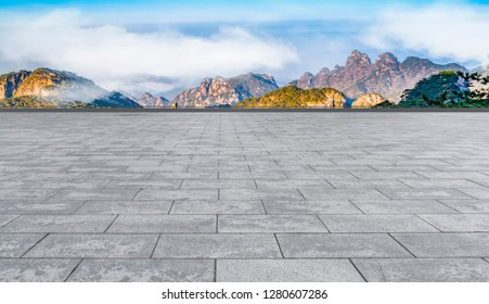 Empty Plaza Floor Bricks And Beautiful Natural Landscape
