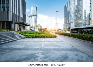 Empty Plaza And Modern Office Building, Qingdao, China