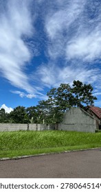 An empty plot of land covered with tall green grass next to a concrete wall under a vibrant blue sky with wispy white clouds.