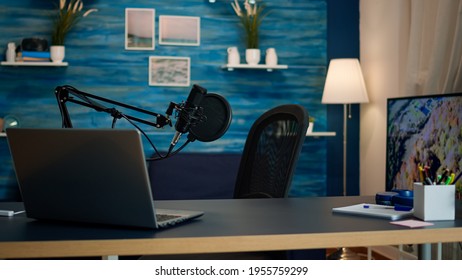 Empty Podcast Room With Professional Microphone In Vlogger Home Studio In Living. Influencer Recording Social Media Content With Production Microphone, Digital Web Internet Streaming Station