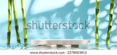 Empty podium with green bamboo branches on water against light blue background