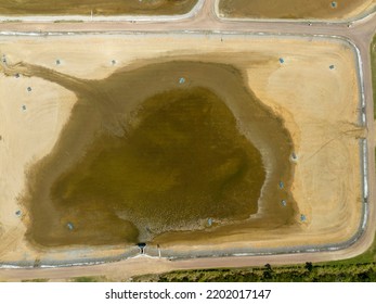 Empty Pond At A Prawn Farm Closed For The Winter Season. Drone Aerial, Queensland Australia.