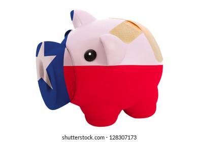 Empty Poor Man Piggy Rich Bank In Colors Flag Of Us State Of Texas On White