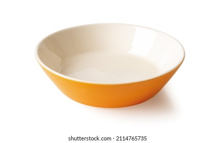 Empty porcelain bowl isolated on a white background. Orange beige ramekin close-up. Empty crockery for food design. Modern clay, ceramics or porcelain dishes and tableware. Front view. - Shutterstock ID 2114765735