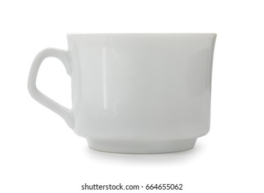 Empty porcelain coffee cup isolated on a white background. Side view, low angle. - Shutterstock ID 664655062