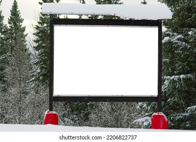 Empty Poster In Forest At Winter. Blank Mockup Advertising Banner In Ski Resort, Snow