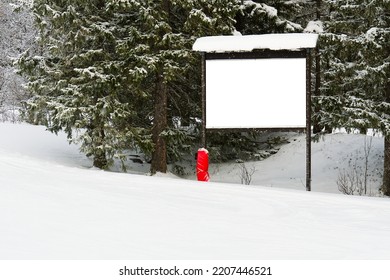 Empty Poster In Forest At Winter. Blank Mockup Advertising Banner In Ski Resort, Snow