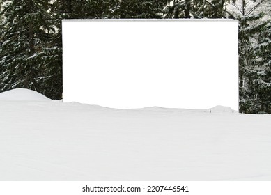 Empty Poster In Forest At Winter. Blank Mockup Advertising Banner In Ski Resort, Snow