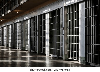 An empty prison cell block with metal bars and sunlight casting dramatic shadows. The image evokes feelings of isolation, confinement, and the passage of time inside a correctional facility. - Powered by Shutterstock