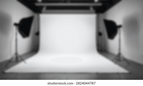 An empty professional photography studio setup with softbox lights and a seamless white cyclorama backdrop, ready for a photoshoot.
