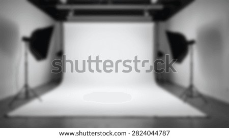 An empty professional photography studio setup with softbox lights and a seamless white cyclorama backdrop, ready for a photoshoot.