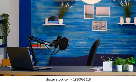 Empty Professional Setup For Recording Podcast In Home Studio Of Vlogger. Influencer Recording Social Media Content With Production Microphone, Digital Web Internet Streaming Station