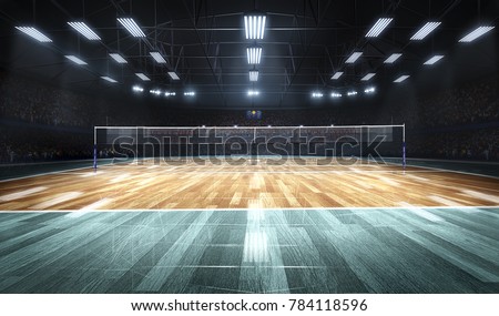 Empty professional volleyball court in lights