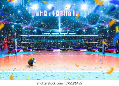 Empty professional volleyball court with spectators no players