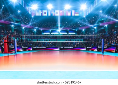 Empty professional volleyball court with spectators no players