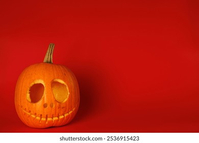 Empty Pumpkin head on red background. Halloween holiday concept