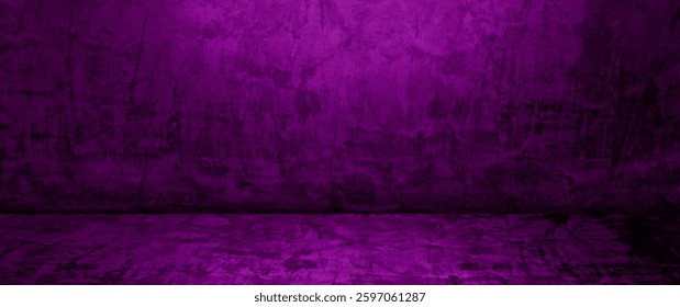 empty purple and dark black studio backdrop. well editing wall and floor concrete perspective for display product and text present. empty room with free space use as backdrop photo in panorama view.