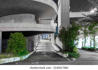 Empty Ramp Up To Parking Garage In Central Business District At Night