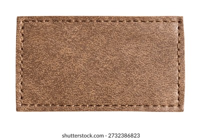 Empty rectangular brown leather patch with visible stitching, isolated with a transparent background