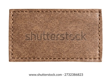 Empty rectangular brown leather patch with visible stitching, isolated with a transparent background