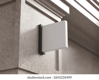 Empty rectangular signboard mockup on elegant exterior wall of shopping mall