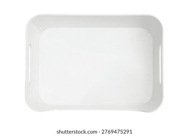 Empty rectangular white serving tray isolated on white background. Plastic container with handle for kitchen organization and food presentation. Household accessory for home decoration.